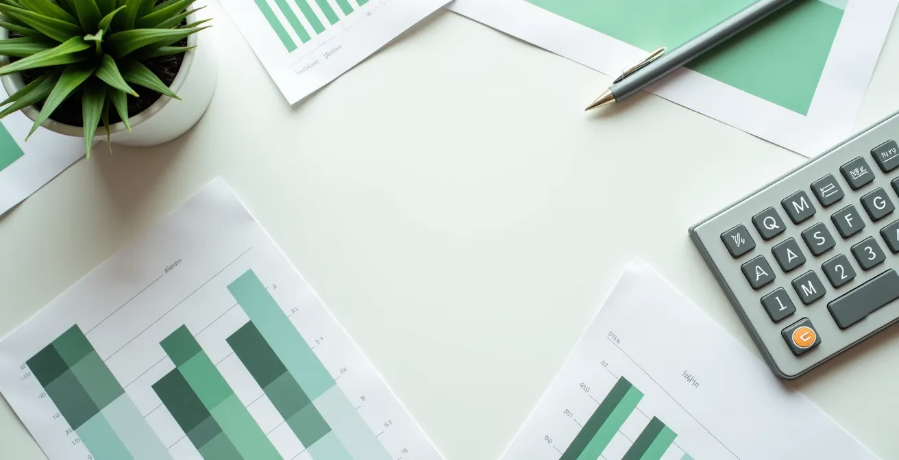 Vue aérienne minimaliste d'un bureau avec documents financiers abstraits et calculatrice