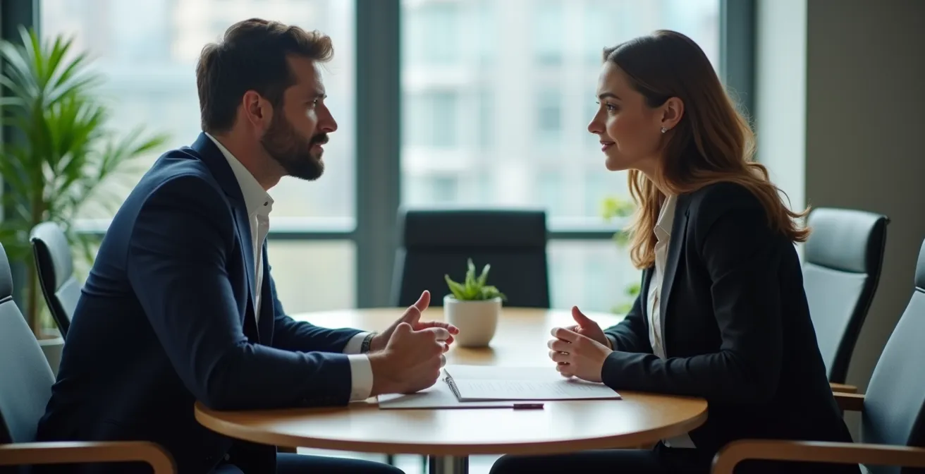 Espace de médiation professionnel avec table ronde et ambiance apaisée