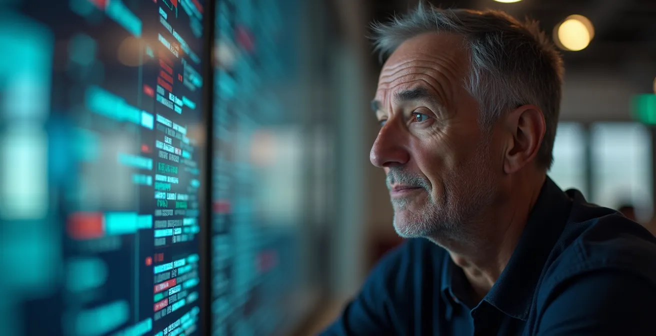 Portrait d'un entrepreneur en réflexion avec reflets de données lumineuses sur son visage