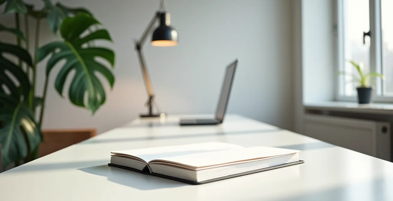 Espace de travail épuré avec cahiers fermés et plante verte suggérant l'organisation des données