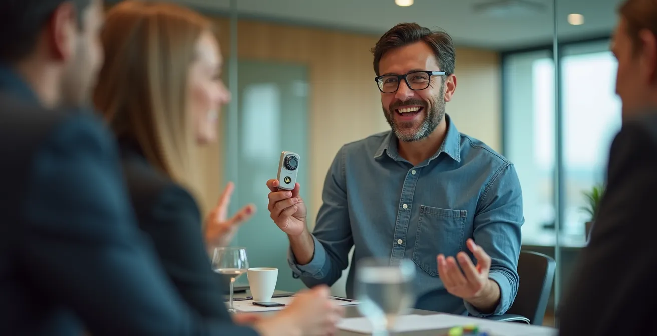 Salle de conférence moderne avec entrepreneurs présentant des prototypes verts à des évaluateurs attentifs.