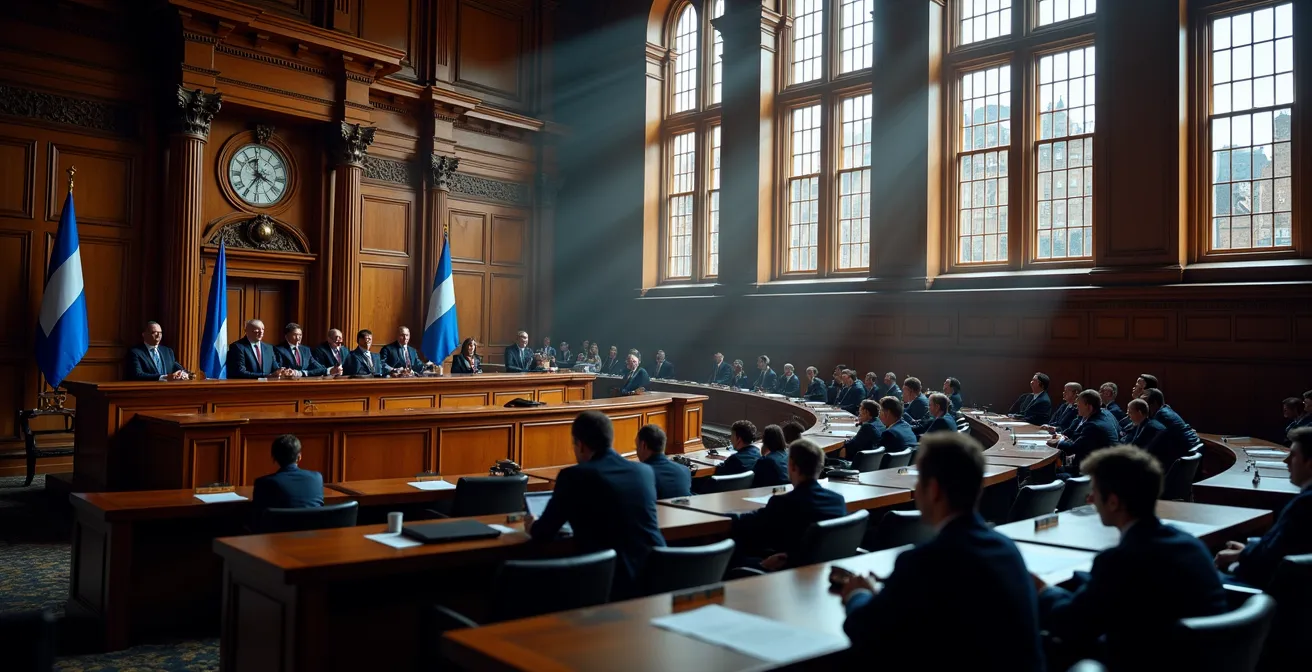 Salle de l'Assemblée nationale du Québec vue de côté avec députés en session, architecture patrimoniale visible