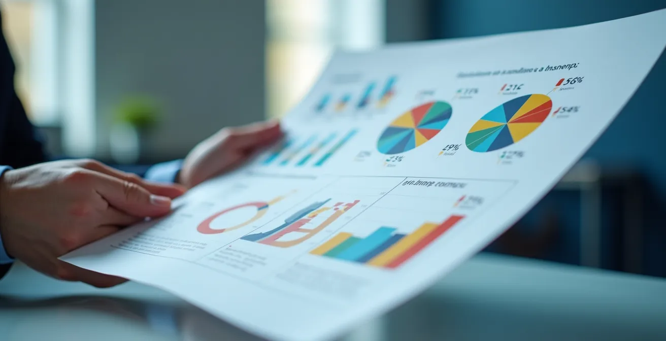 Gros plan sur des mains tenant un document professionnel avec graphiques abstraits, bureau gouvernemental en arrière-plan flou