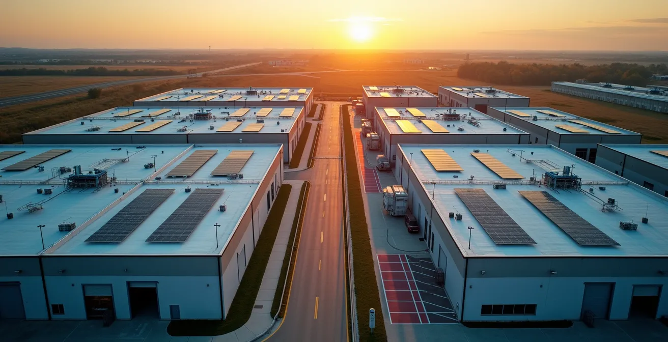 Vue aérienne d'une usine canadienne avec représentation visuelle des réseaux IoT