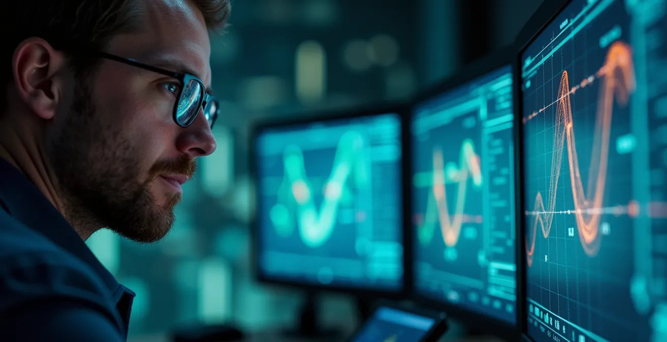 Salle de surveillance avec opérateurs analysant des flux de données en temps réel sur des écrans holographiques