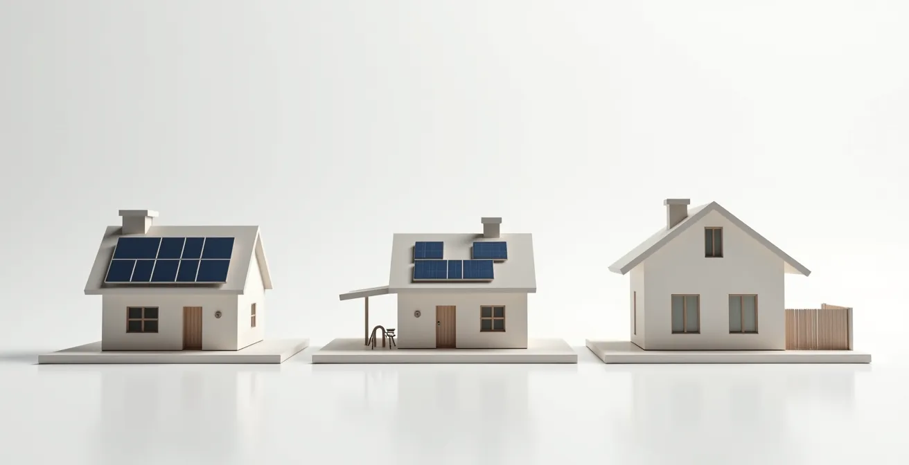 Trois types de maisons québécoises avec installations solaires différentes