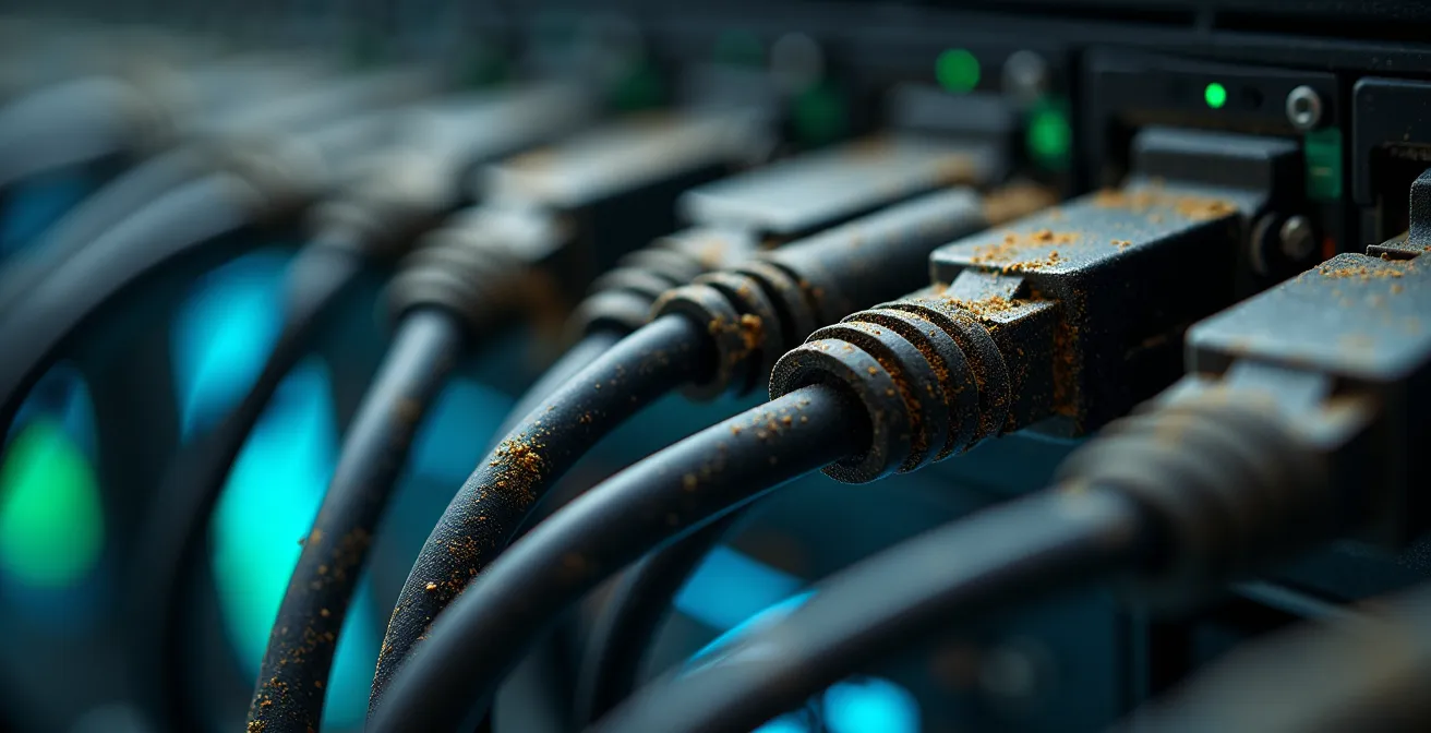 Gros plan sur des câbles réseau emmêlés contrastant avec un espace épuré moderne