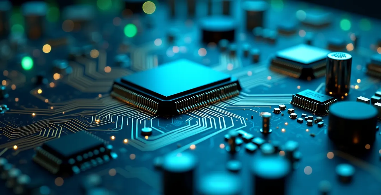 Vue macro d'un circuit imprimé avec reflets holographiques suggérant une usine virtuelle