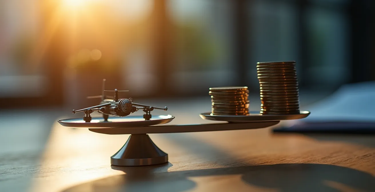 Comparaison visuelle des options de financement pour PME aérospatiales avec documents financiers et calculatrice