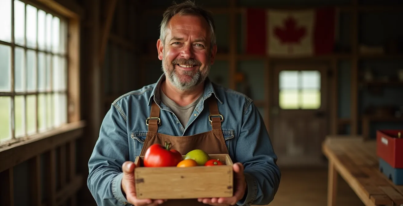 Portrait d'un producteur agricole canadien dans son environnement de travail avec ses produits