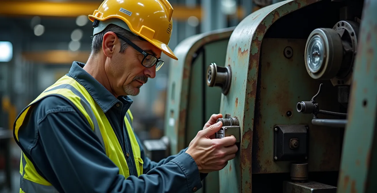 Opérateur configurant un capteur IoT sur une machine CNC dans un environnement de production