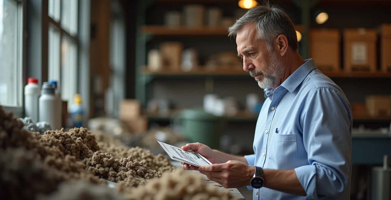 Portrait d'un gestionnaire québécois examinant des échantillons de matières recyclables avec une expression concentrée.