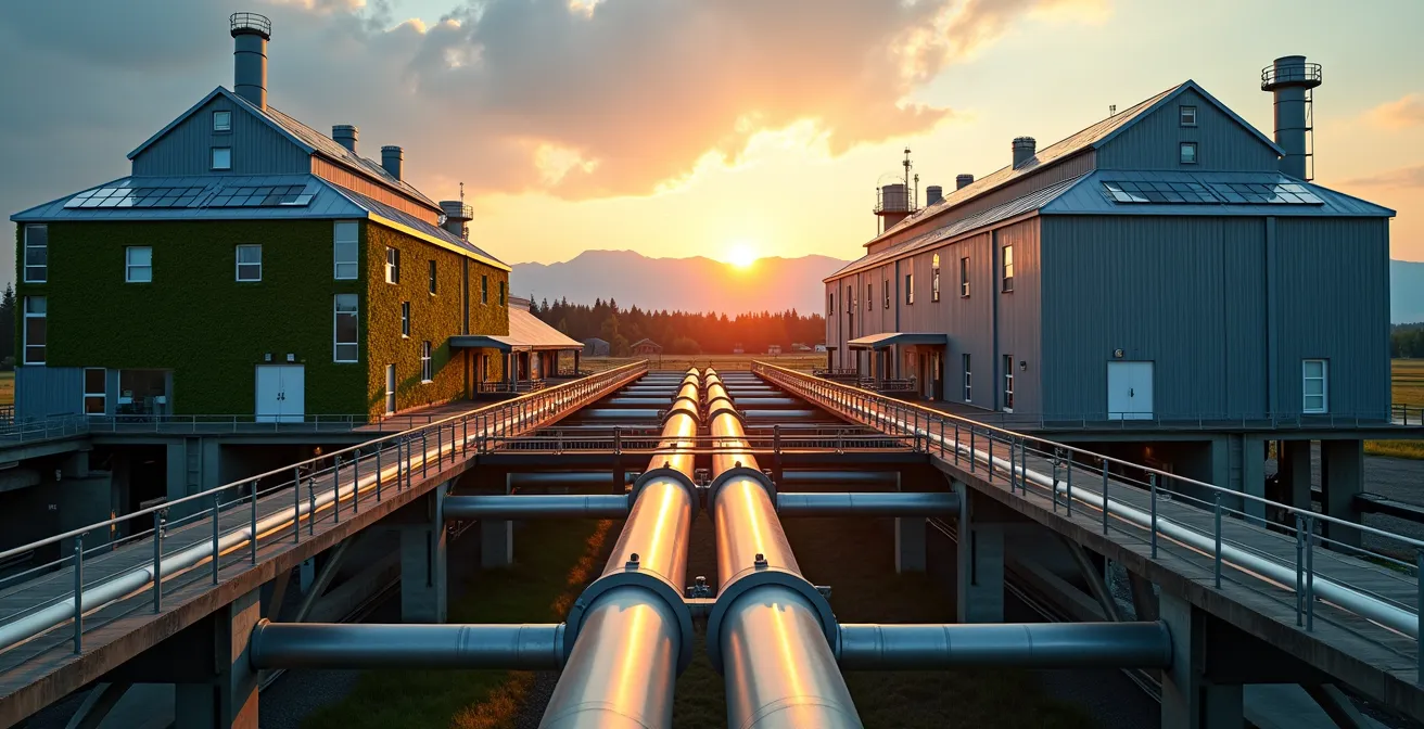 Vue symbolique de deux installations industrielles connectées par des conduites de transfert de matières