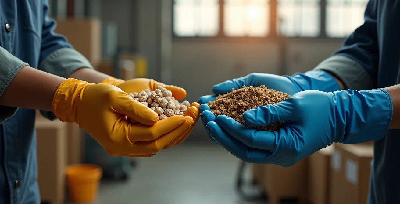 Gros plan sur des mains échangeant des matériaux recyclés entre deux professionnels dans un environnement industriel