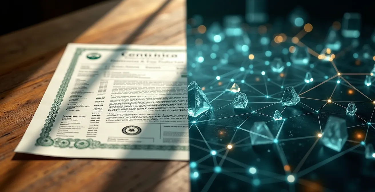 Comparaison visuelle entre système de traçabilité blockchain moderne et certification biologique traditionnelle pour produits québécois