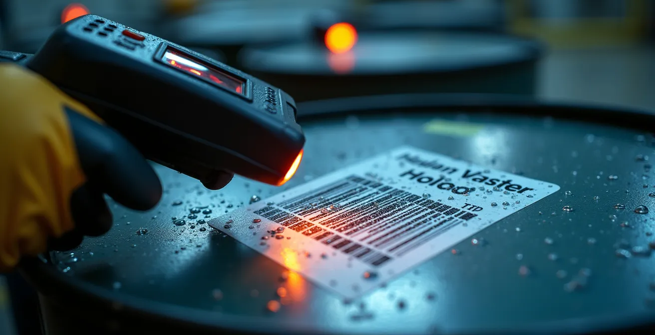 Gros plan sur un système de suivi numérique de déchets avec codes-barres et dispositif de scan