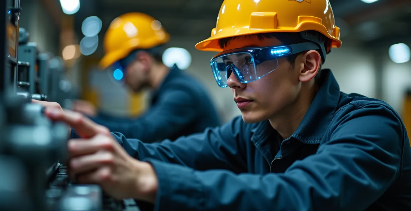 Technicien portant des lunettes de réalité augmentée effectuant une maintenance sur équipement industriel canadien