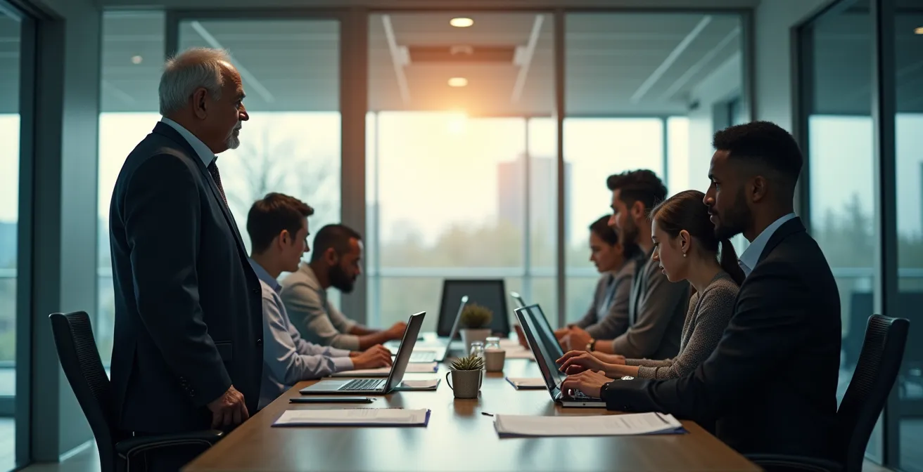 Passage symbolique entre ancien dirigeant et nouvelle équipe coopérative dans un bureau moderne