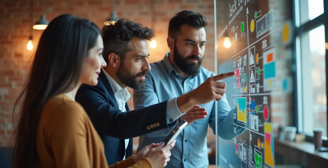 Séance de brainstorming créatif avec professionnels analysant des concepts de marque sur tableaux transparents